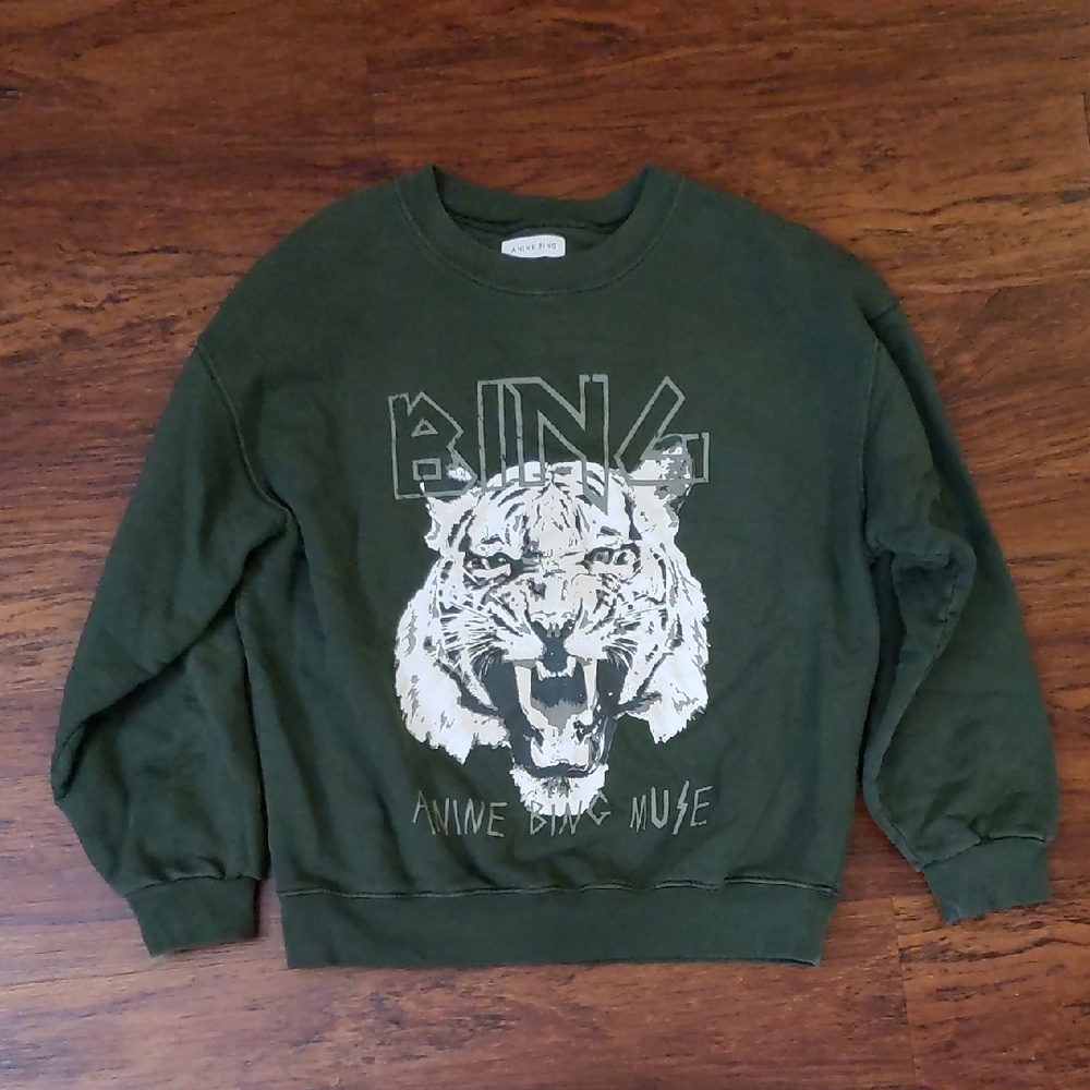 Anine Bing Green Sweatshirt with Tiger Graphic